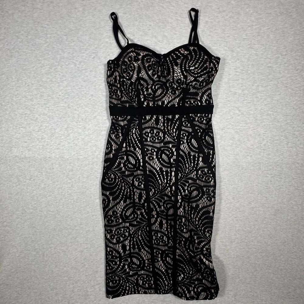 Main Strip Bodycon Dress Size S Black Lace Overlay Sweetheart